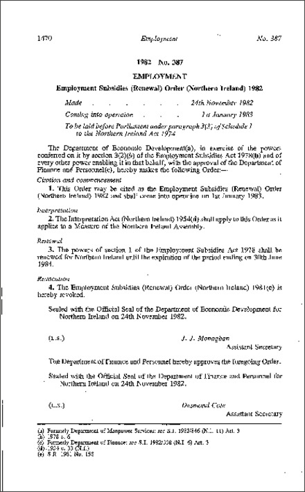 The Employment Subsidies (Renewal) Order (Northern Ireland) 1982