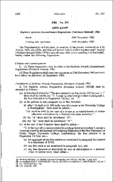 The Students Awards (Amendment) Regulations (Northern Ireland) 1982