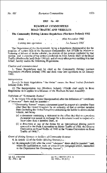 The Community Driving Licence Regulations (Northern Ireland) 1982