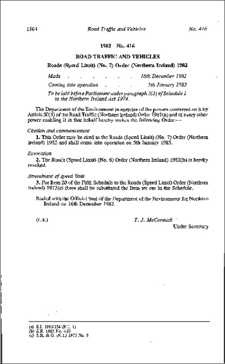 The Roads (Speed Limit) (No. 7) Order (Northern Ireland) 1982