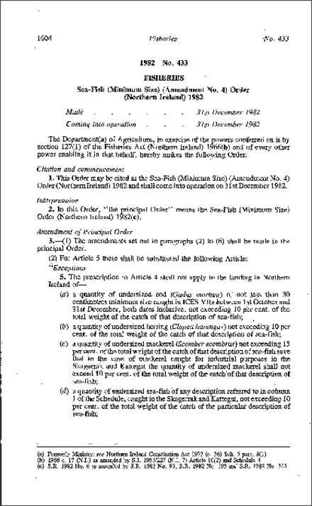 The Sea-Fish (Minimum Size) (Amendment No. 4) Order (Northern Ireland) 1982