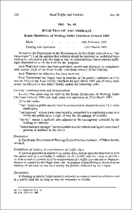 The Roads (Restriction of Waiting) Order (Northern Ireland) 1982