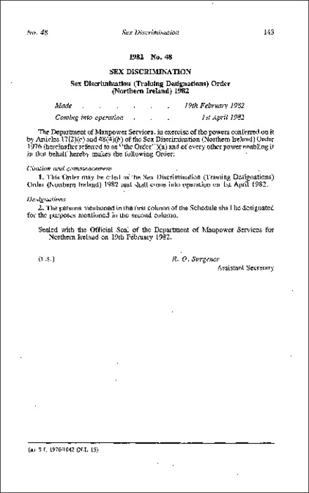 The Sex Discrimination (Training Designations) Order (Northern Ireland) 1982