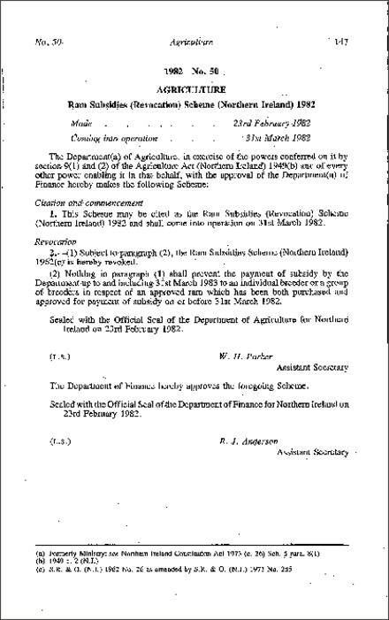 The Ram Subsidies (Revocation) Scheme (Northern Ireland) 1982