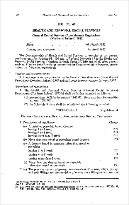 The General Dental Services (Amendment) Regulations (Northern Ireland) 1982