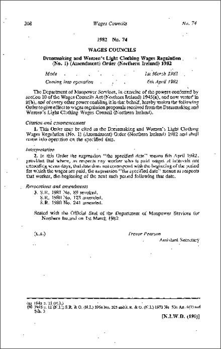 The Dressmaking and Women's Light Clothing Wages Regulation (No. 1) (Amendment) Order (Northern Ireland) 1982