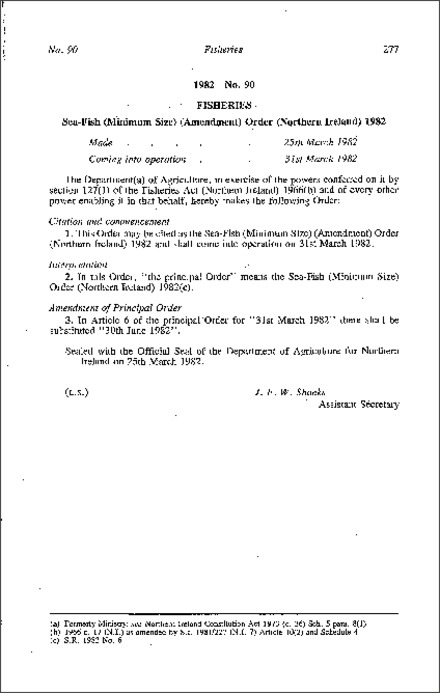 The Sea-Fish (Minimum Size) (Amendment) Order (Northern Ireland) 1982