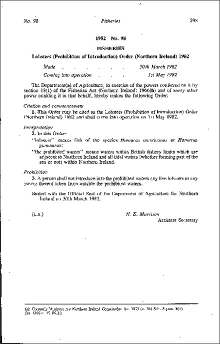 The Lobsters (Prohibition of Introduction) Order (Northern Ireland) 1982