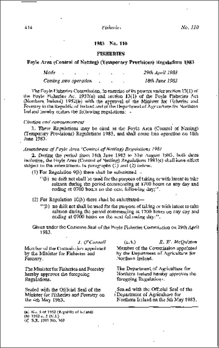 The Foyle Area (Control of Netting) (Temporary Provisions) Regulations (Northern Ireland) 1983