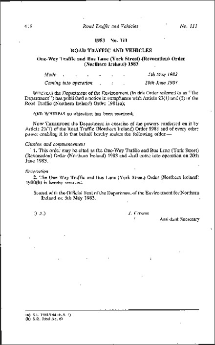 The One-Way Traffic and Bus Lane (York Street) (Revocation) Order (Northern Ireland) 1983