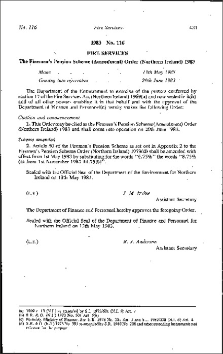 The Firemen's Pension Scheme (Amendment) Order (Northern Ireland) 1983