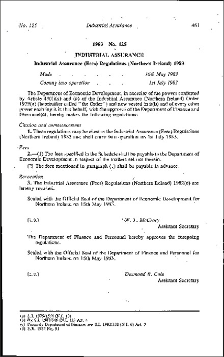 The Industrial Assurance (Fees) Regulations (Northern Ireland) 1983