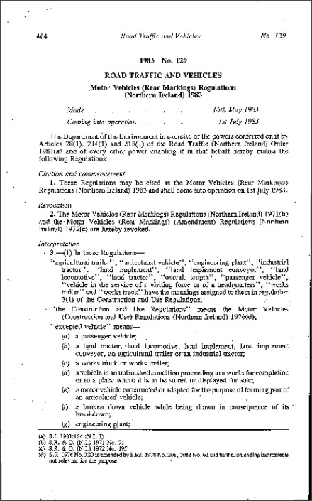 The Motor Vehicles (Rear Markings) Regulations (Northern Ireland) 1983