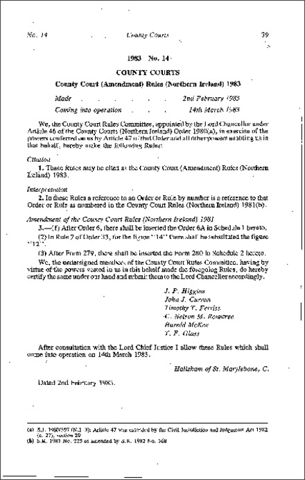 The County Court (Amendment) Rules (Northern Ireland) 1983