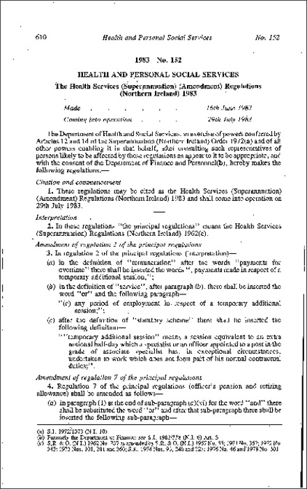 The Health Services (Superannuation) (Amendment) Regulations (Northern Ireland) 1983