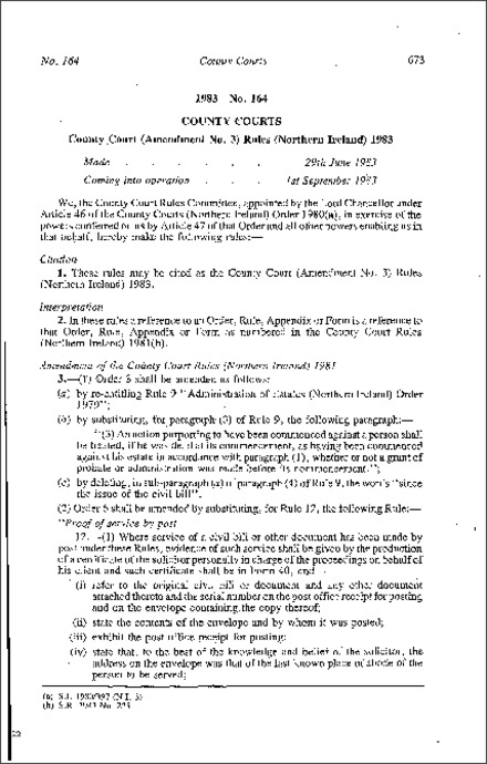 The County Court (Amendment No. 3) Rules (Northern Ireland) 1983