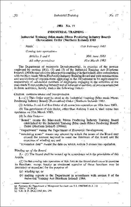 The Industrial Training (Man-made Fibres Producing Industry Board) (Revocation) Order (Northern Ireland) 1983