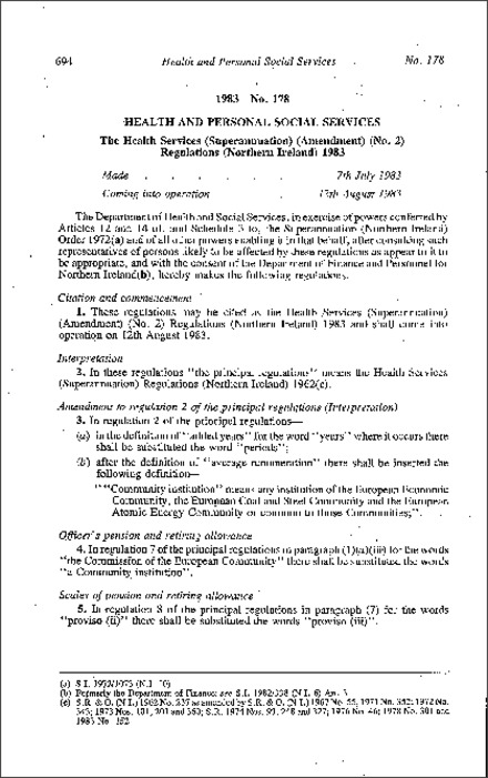 The Health Services (Superannuation) (Amendment) (No. 2) Regulations (Northern Ireland) 1983