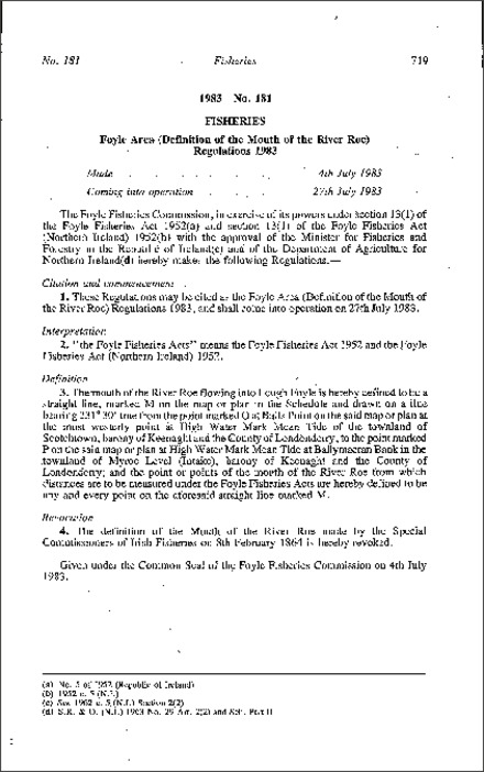 The Foyle Area (Definition of the Mouth of the River Roe) Regulations (Northern Ireland) 1983