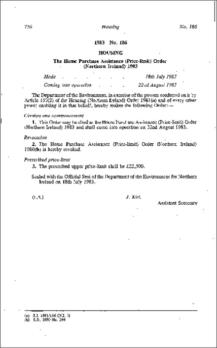 The Home Purchase Assistance (Price-limit) Order (Northern Ireland) 1983