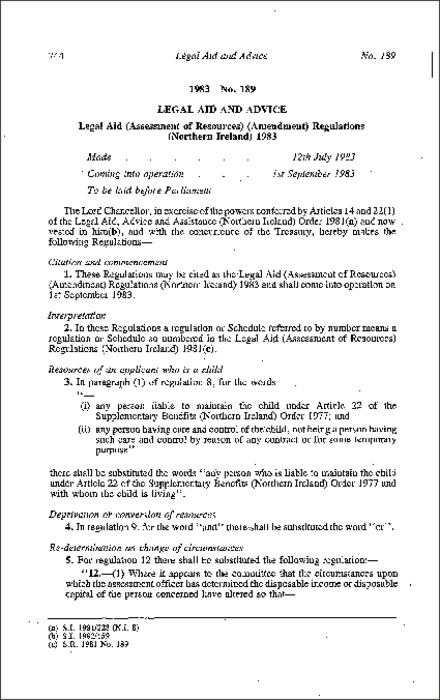 The Legal Aid (Assessment of Resources) (Amendment) Regulations (Northern Ireland) 1983