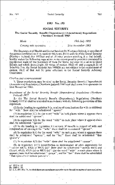 The Social Security Benefit (Dependency) (Amendment) Regulations (Northern Ireland) 1983
