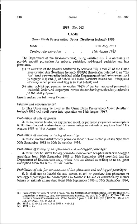The Game Birds Preservation Order (Northern Ireland) 1983