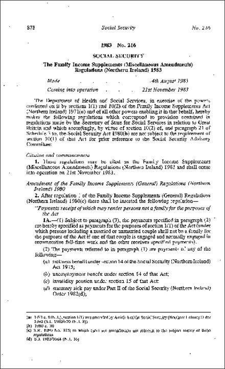 The Family Income Supplements (Miscellaneous Amendment) Regulations (Northern Ireland) 1983