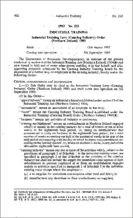 The Industrial Training Levy (Catering Industry) Order (Northern Ireland) 1983