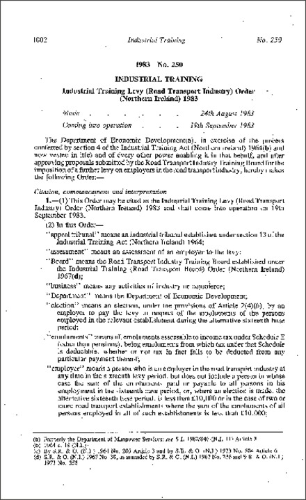 The Industrial Training Levy (Road Transport Industry) Order (Northern Ireland) 1983