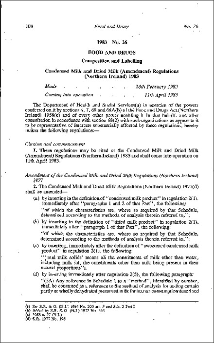 The Condensed Milk and Dried Milk (Amendment) Regulations (Northern Ireland) 1983