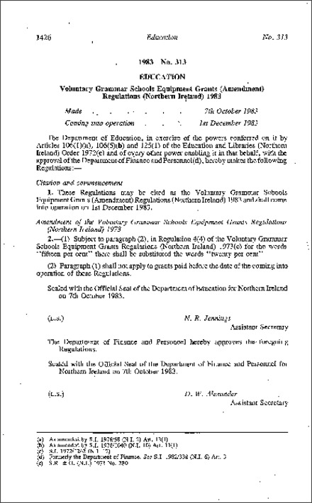 The Voluntary Grammar Schools Equipment Grants (Amendment) Regulations (Northern Ireland) 1983