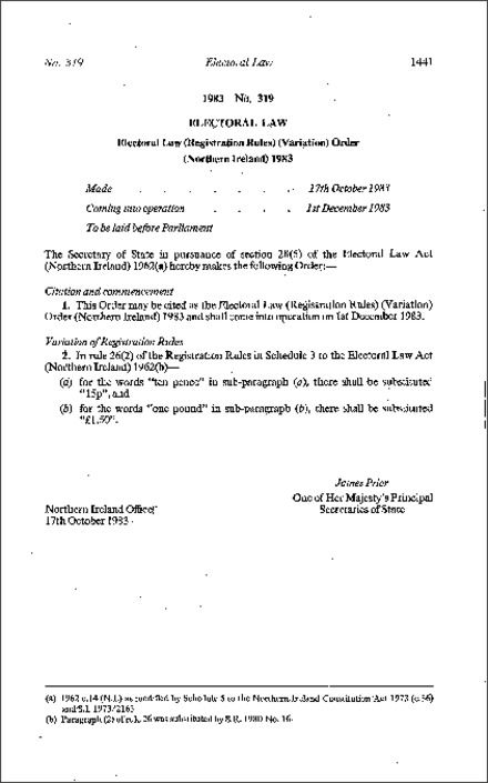 The Electoral Law (Registration Rules) (Variation) Order (Northern Ireland) 1983
