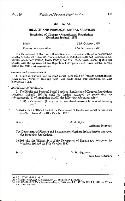 The Remission of Charges (Amendment) Regulations (Northern Ireland) 1983