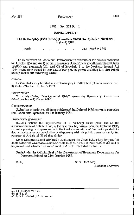 The Bankruptcy (1980 Order) (Commencement No. 3) Order (Northern Ireland) 1983