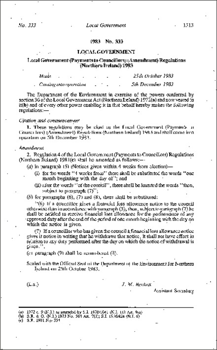 The Local Government (Payments to Councillors) (Amendment) Regulations (Northern Ireland) 1983