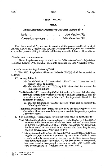 The Milk (Amendment) Regulations (Northern Ireland) 1983