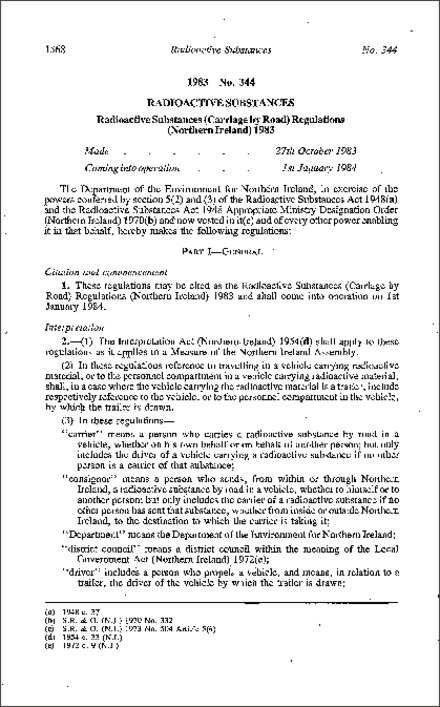 The Radioactive Substances (Carriage by Road) Regulations (Northern Ireland) 1983