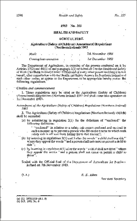 The Agriculture (Safety of Children) (Amendment) Regulations (Northern Ireland) 1983
