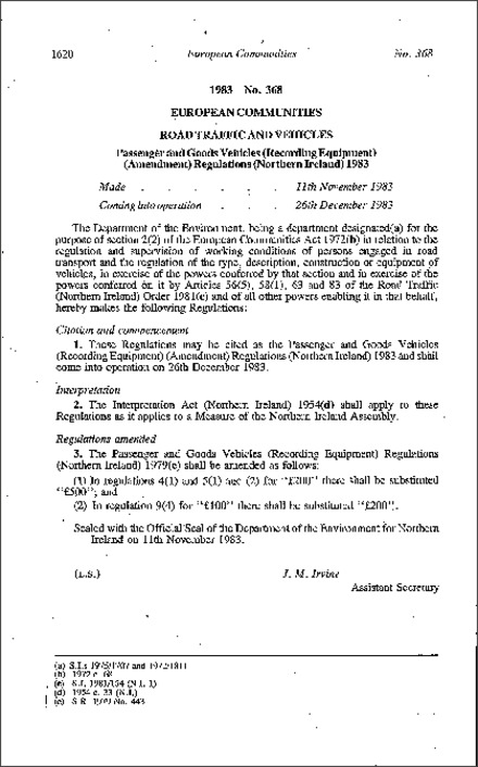 The Passenger and Goods Vehicles (Recording Equipment) (Amendment) Regulations (Northern Ireland) 1983