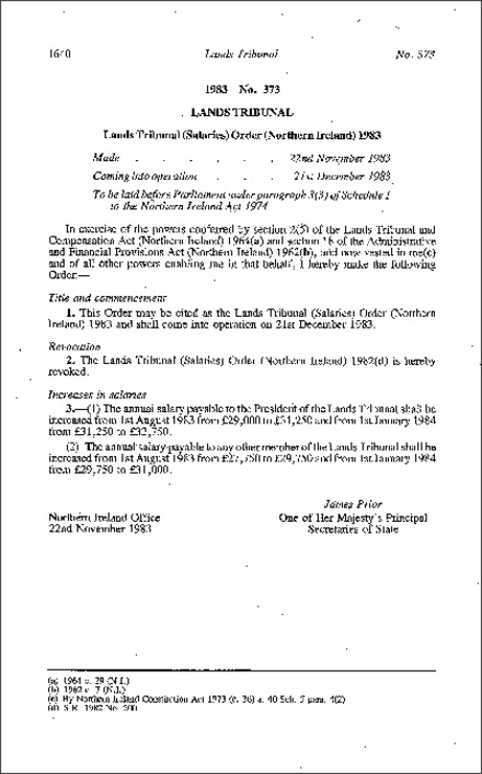 The Lands Tribunal (Salaries) Order (Northern Ireland) 1983