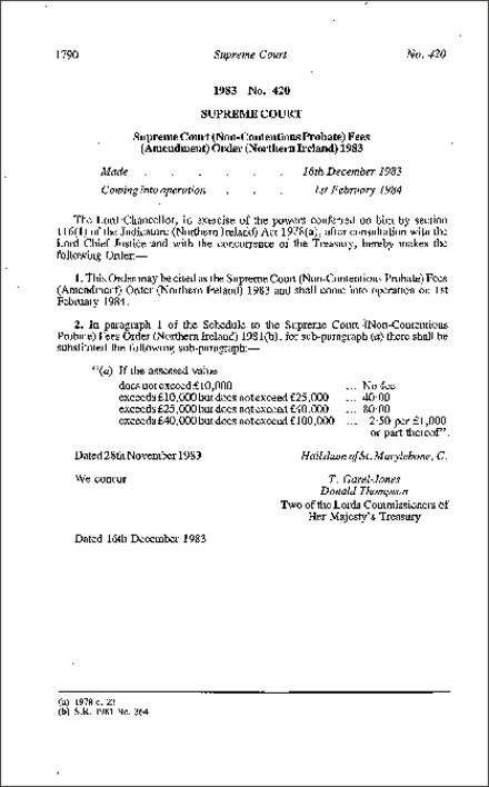 The Supreme Court (Non-Contentious Probate) Fees (Amendment) Order (Northern Ireland) 1983