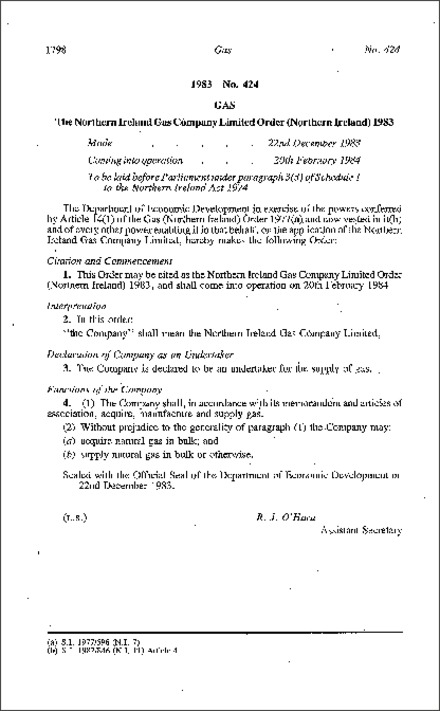 The Northern Ireland Gas Company Limited Order (Northern Ireland) 1983