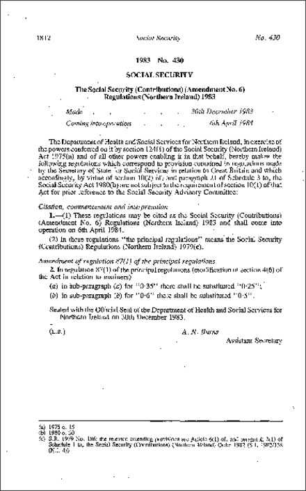 The Social Security (Contributions) (Amendment No. 6) Regulations (Northern Ireland) 1983