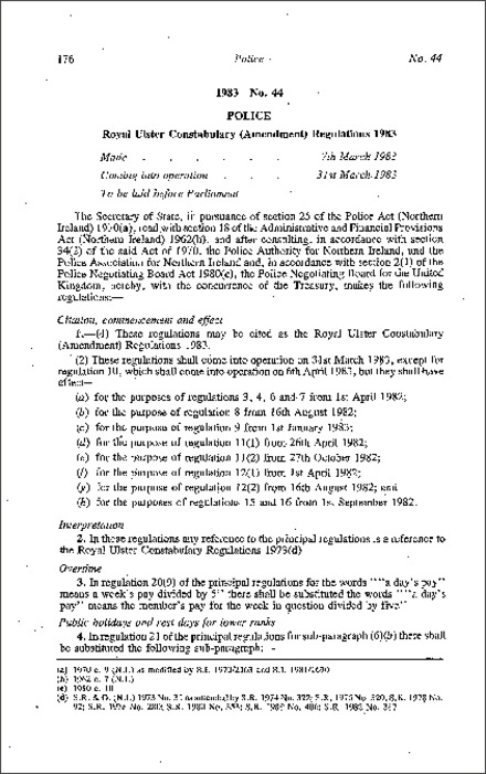 The Royal Ulster Constabulary (Amendment) Regulations (Northern Ireland) 1983