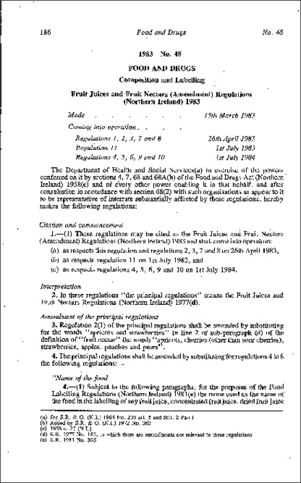 The Fruit Juices and Fruit Nectars (Amendment) Regulations (Northern Ireland) 1983