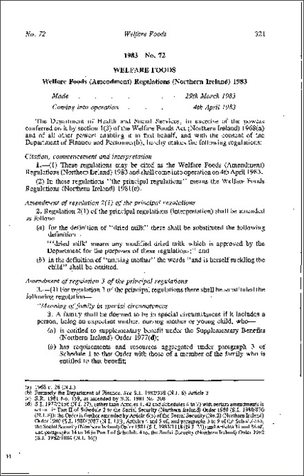 The Welfare Foods (Amendment) Regulations (Northern Ireland) 1983