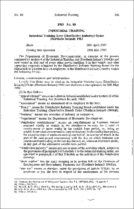 The Industrial Training Levy (Distributive Industry) Order (Northern Ireland) 1983