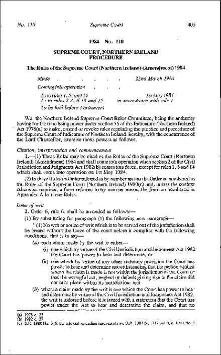 The Rules of the Supreme Court (Northern Ireland) (Amendment) (Northern Ireland) 1984