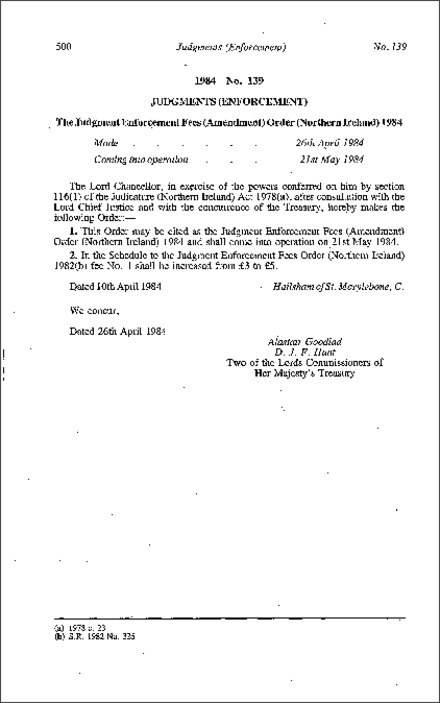 The Judgment Enforcement Fees (Amendment) Order (Northern Ireland) 1984